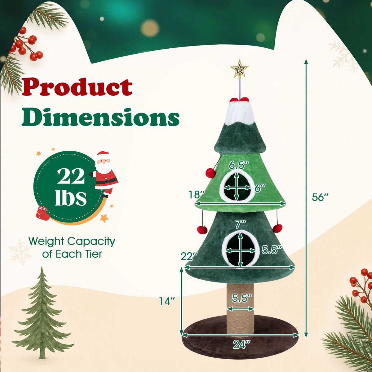 Diagram of a green, tree-shaped cat tower with two condos, a jute post, and a round base.
