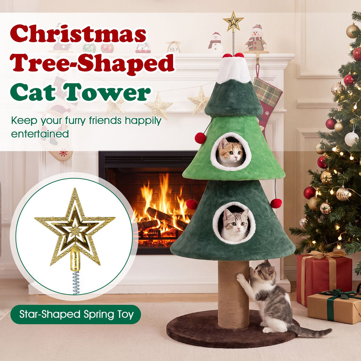 Green Christmas tree-shaped cat tower beside a fireplace, with cats in the openings and another cat at its base.