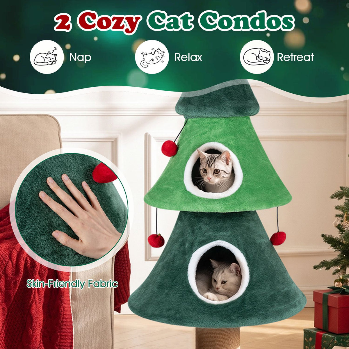 Two cats peek from the round openings of a green, tiered cat tower; an inset shows a hand touching the fabric.