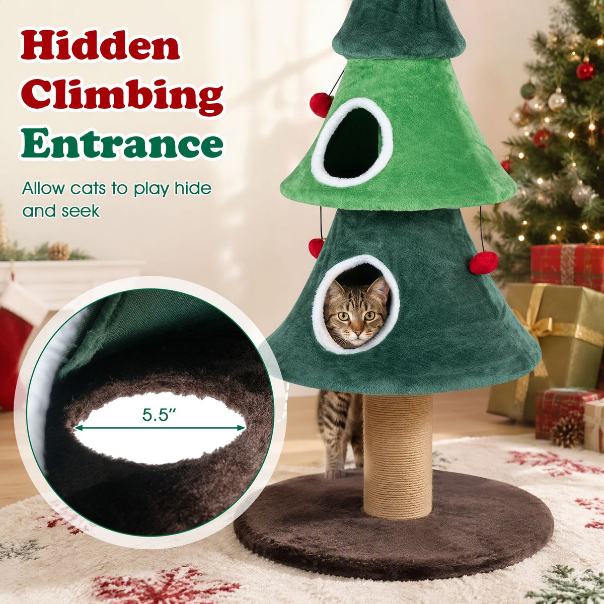 A cat peers from the lower opening of a green cat tower, with an inset showing the inside edge of an opening.