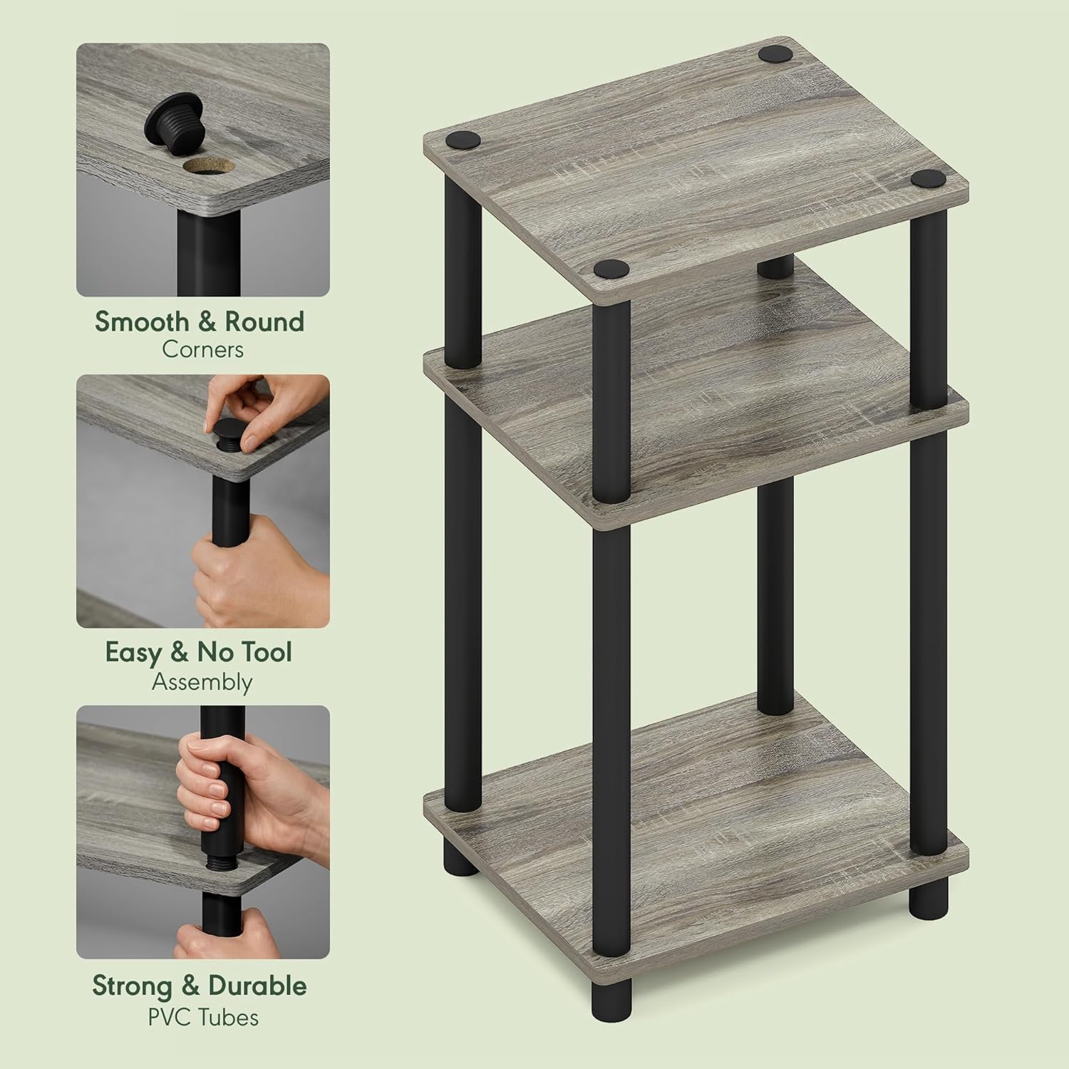Close-up views showing round shelf corners, hand-assembled black tubes and top caps on the three-tier table