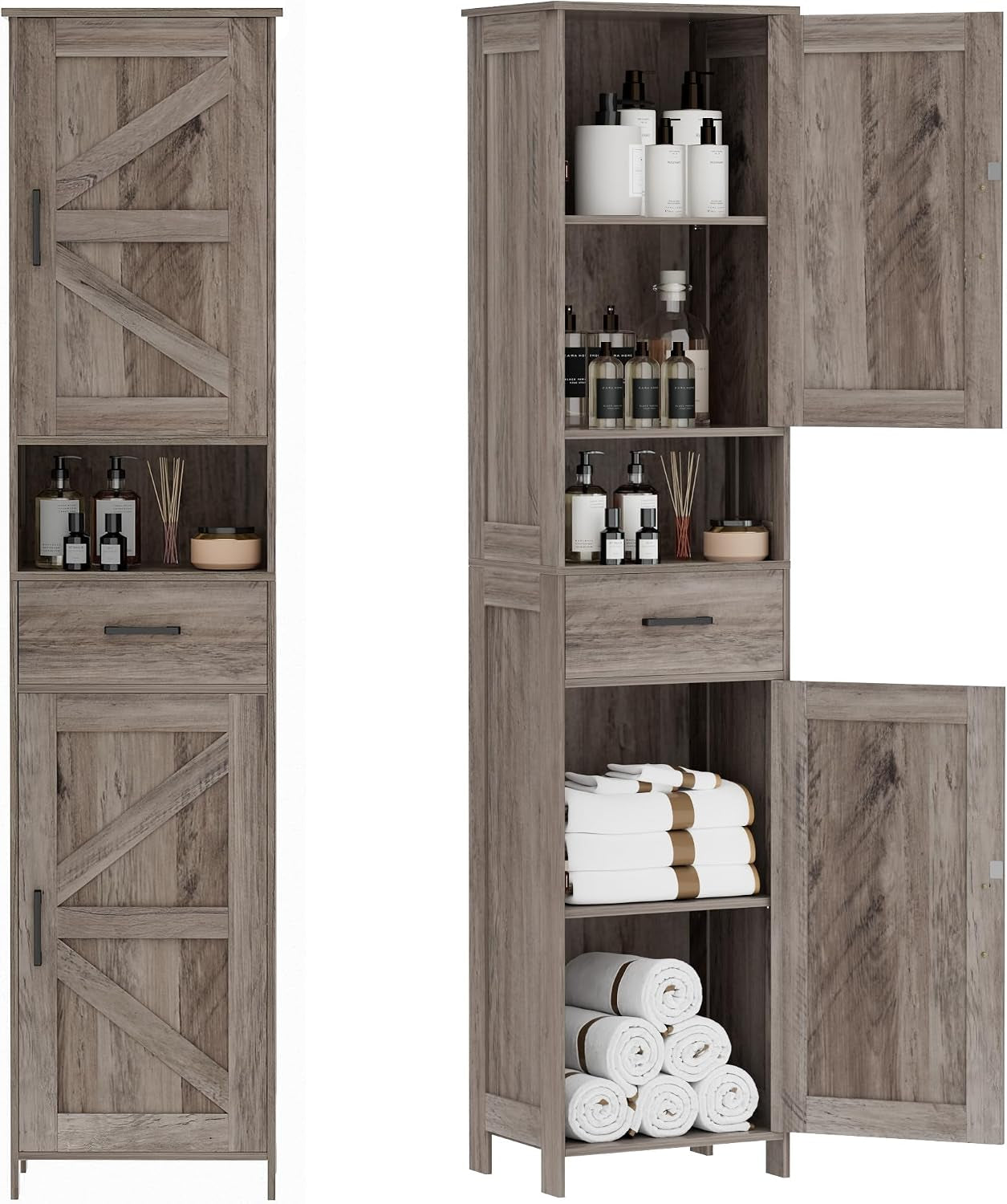 Weathered wood-tone tall cabinet shown closed at left and open at right with toiletries and folded towels