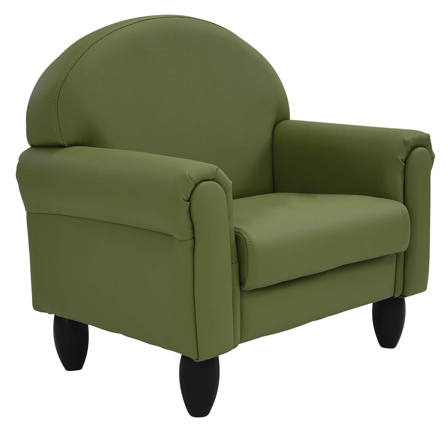 Angled front view of an olive green kids armchair with curved back and black tapered legs.