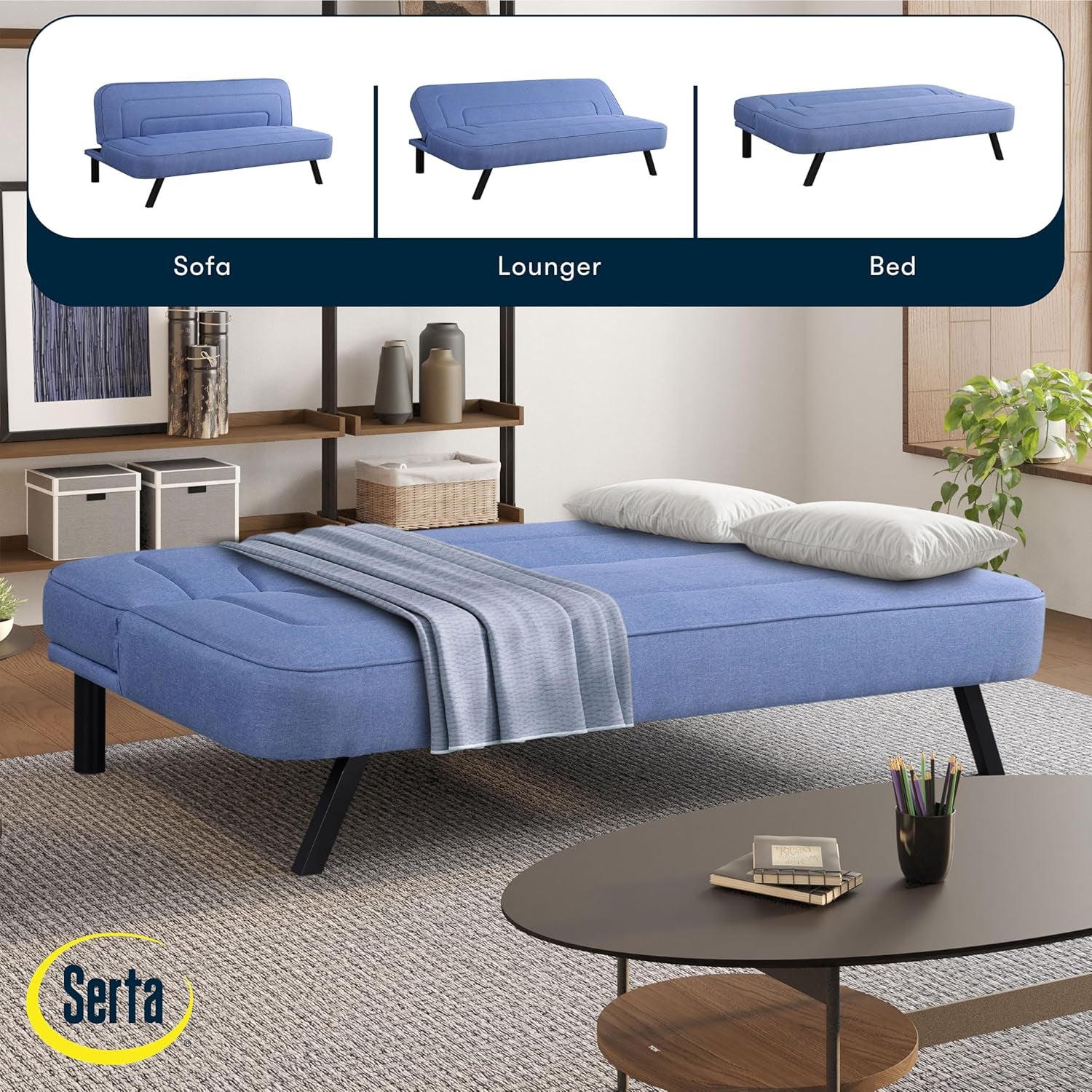 Graphic showing the futon in three positions—sofa, lounger, and bed—with the flat bed in the foreground