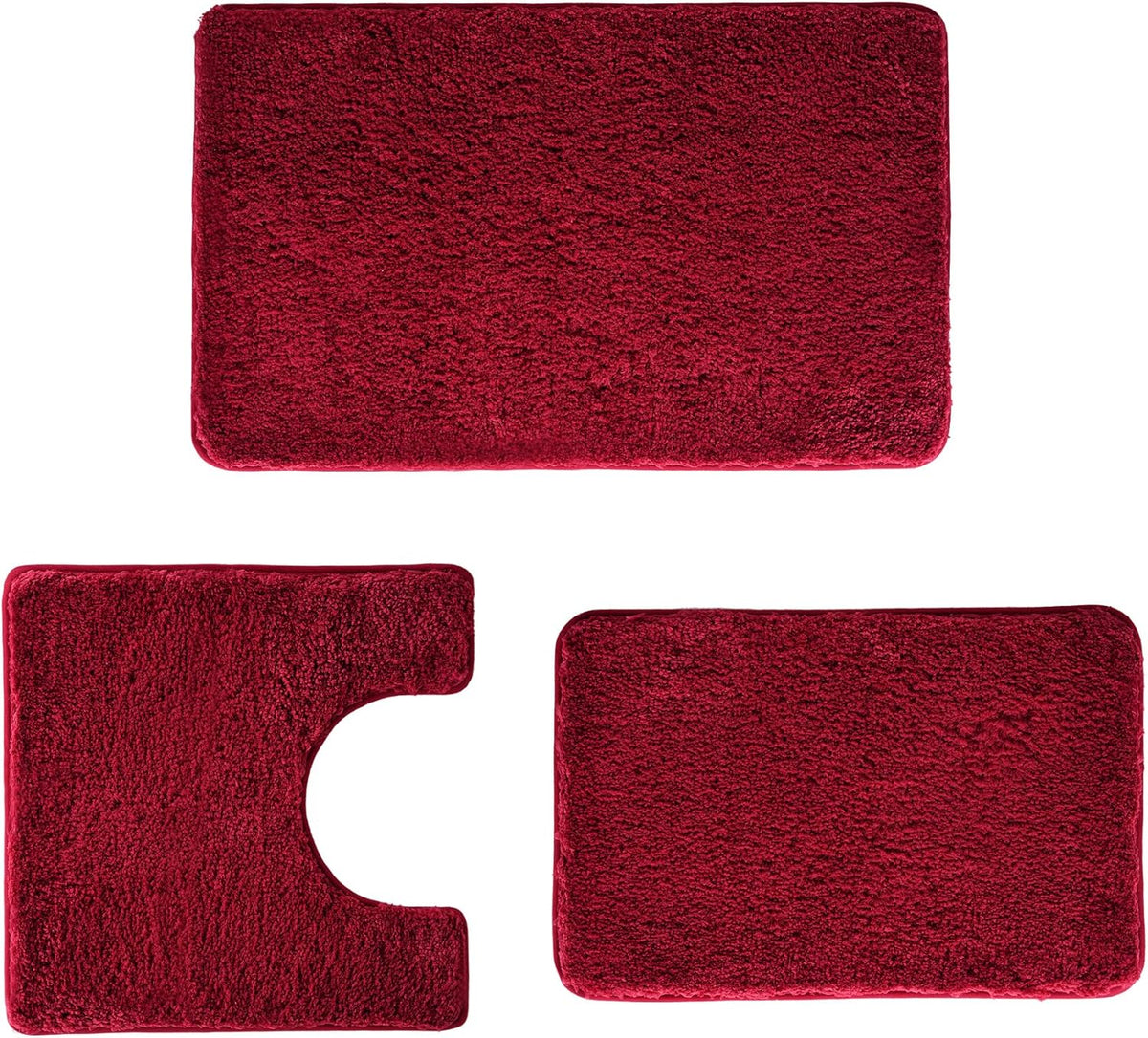 Three-piece rich red bathroom rug set shown flat, includes U-shaped toilet mat and two rectangular mats