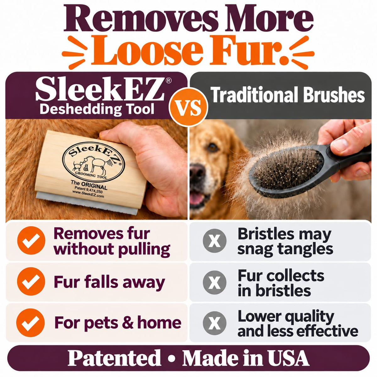 Comparison graphic showing a hand using a wooden deshedding tool versus a traditional bristle brush with loose fur