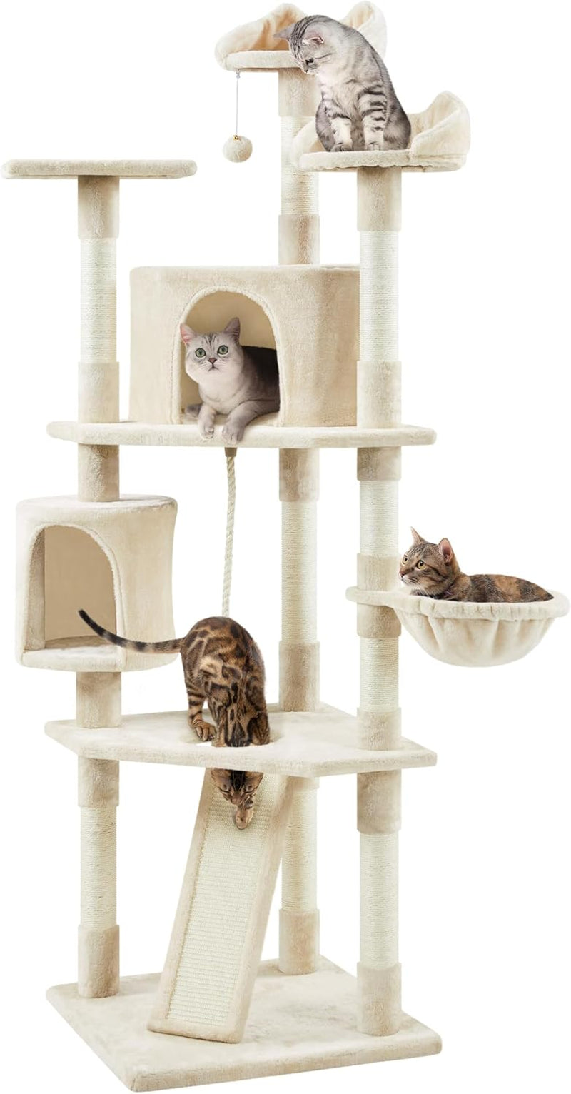 Tall beige multi-level cat tree with condos, hammock, ramp, sisal-wrapped posts and several cats.