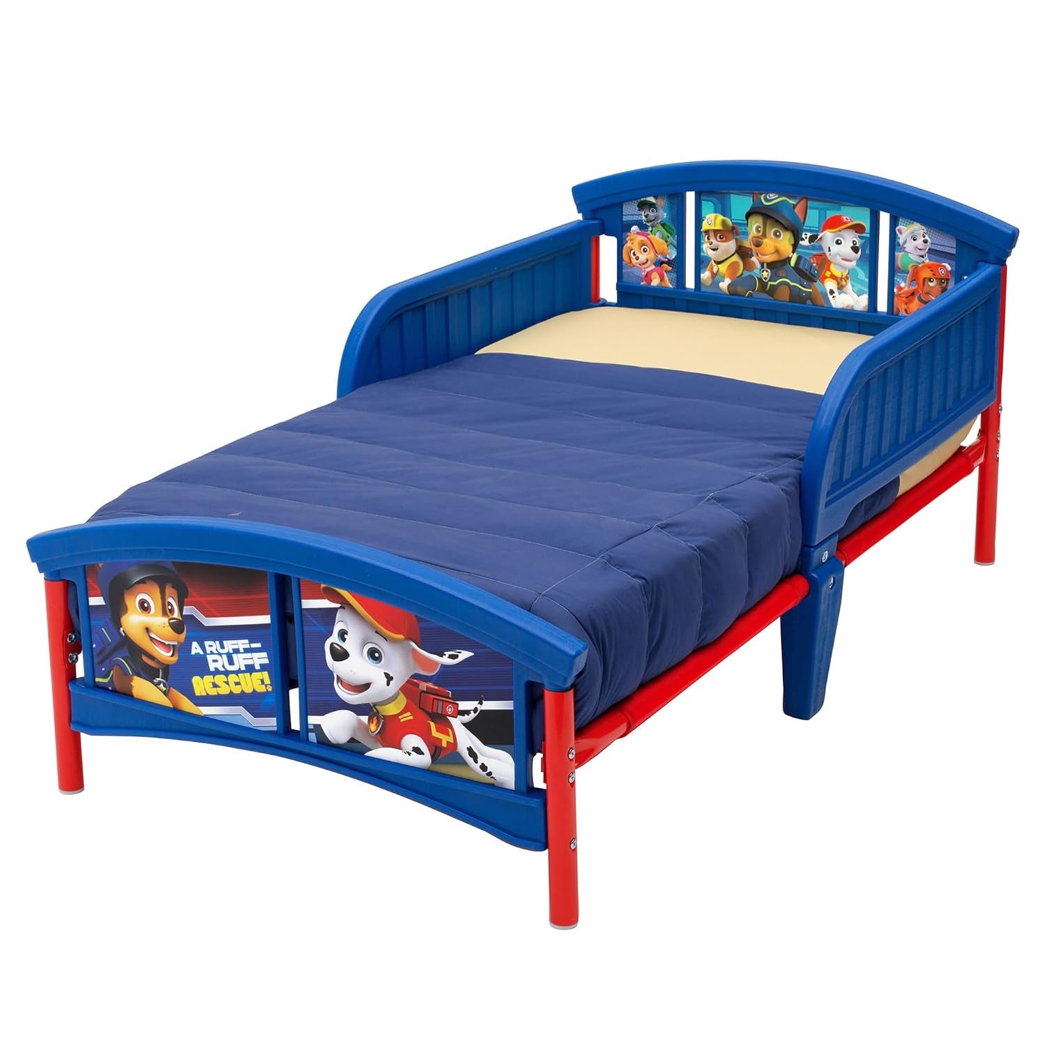 Three-quarter rear view of the Paw Patrol toddler bed showing headboard and footboard character panels.