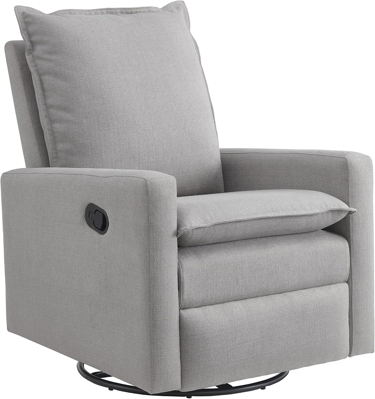 Three-quarter view of a light gray smooth-fabric recliner with a plush back cushion, square arms, and round swivel base.