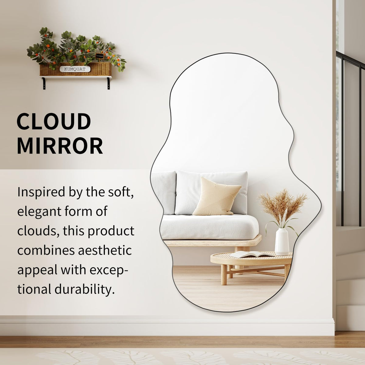 Decorative cloud-shaped wall mirror reflecting a light sofa and wooden coffee table in a bright living room setting