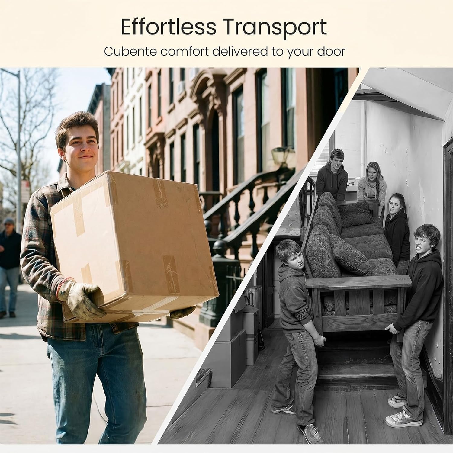 Split image: left a person carrying a large cardboard box on a city sidewalk; right a black-and-white photo of four people