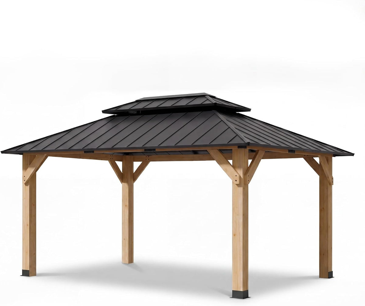 Solid wood gazebo with dark double-layer metal roof shown front angle on white background