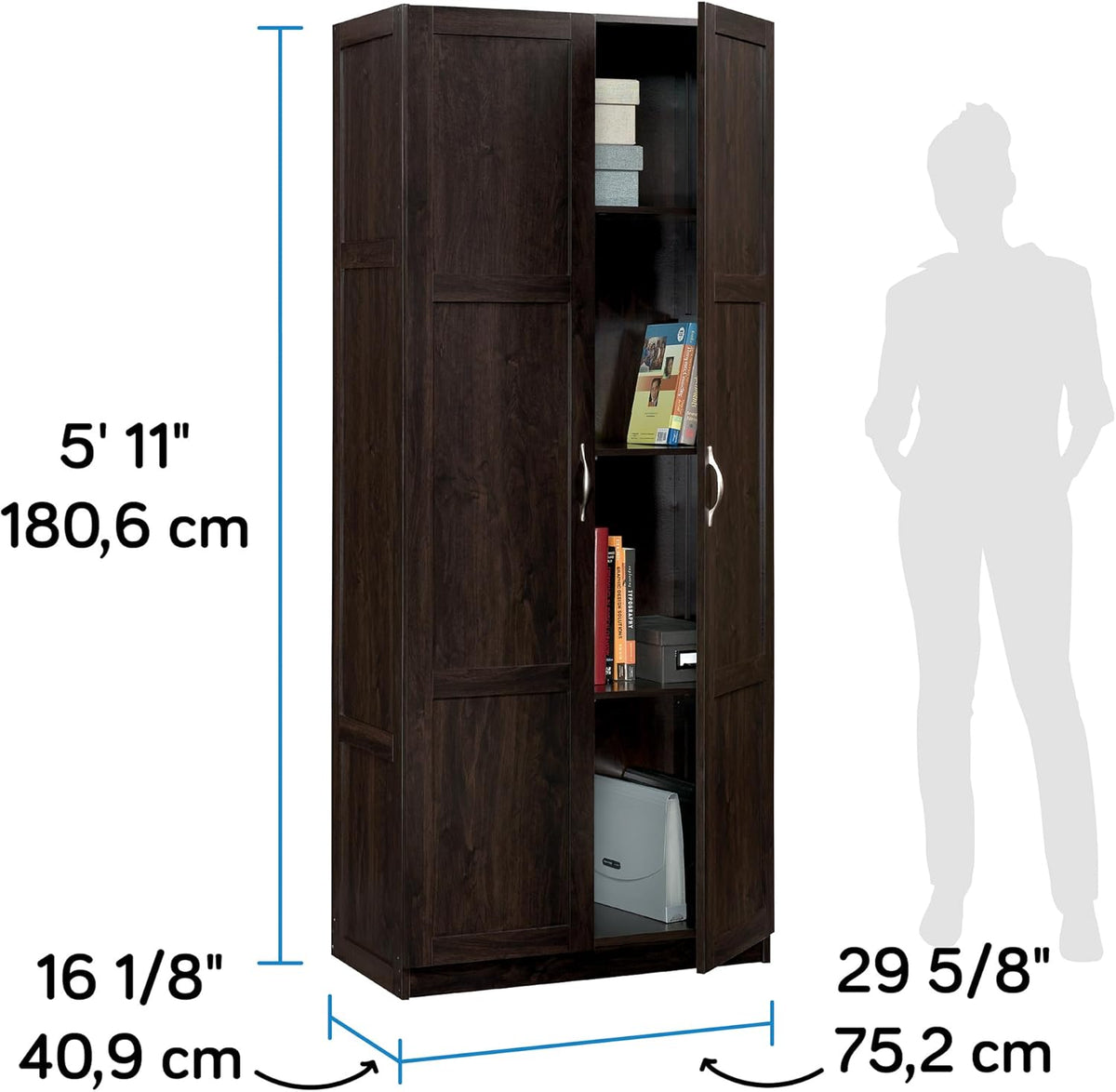 Two-door cabinet with one door open showing interior shelving and annotated height and width dimensions