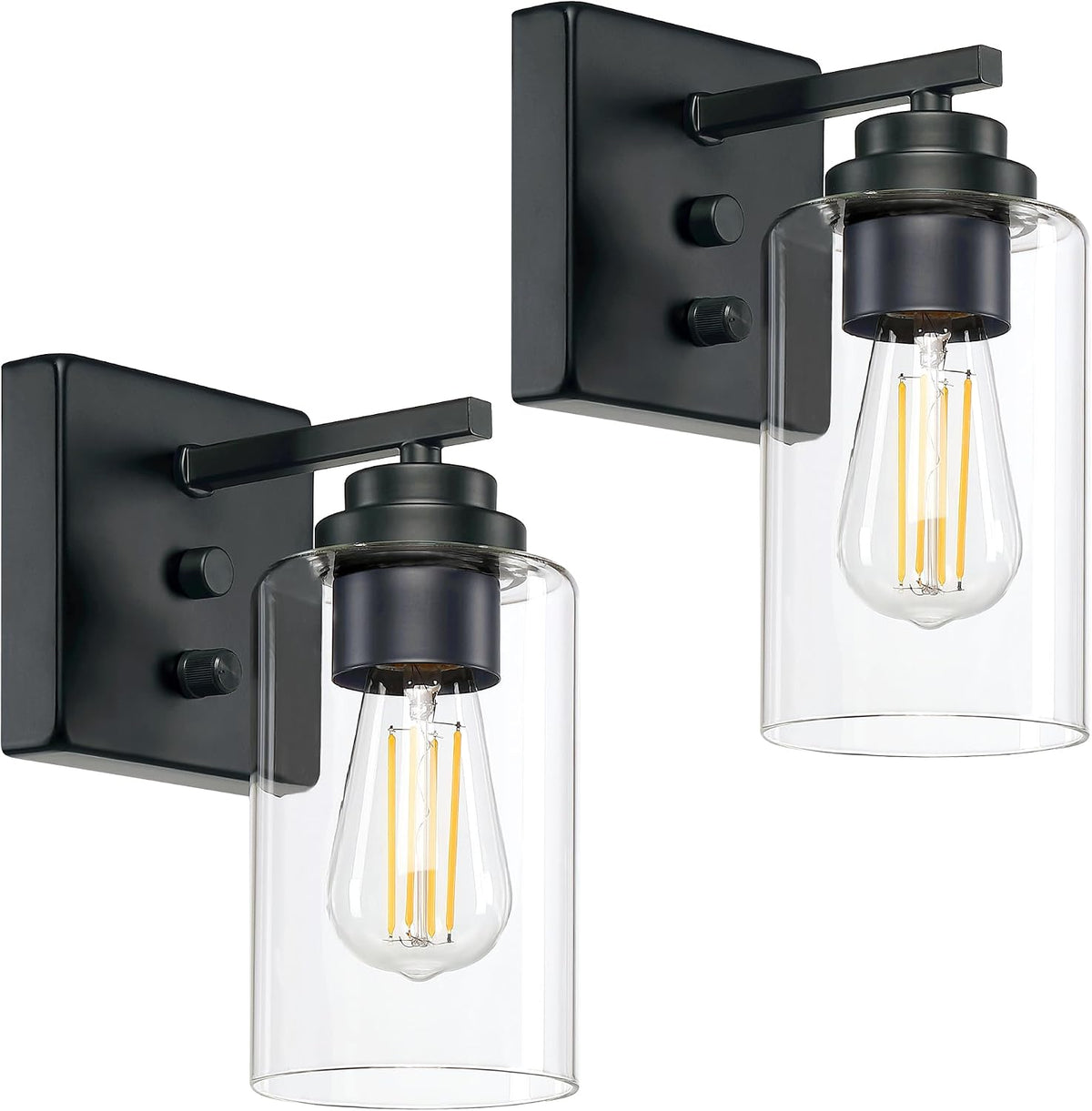 Close-up of two matte black sconces showing clear glass shades and rotary dimmer knobs on a white background