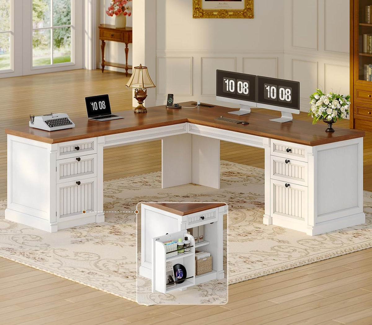 White-base L-shaped desk with wood top shown front-on and inset close-up of corner storage cubbies.