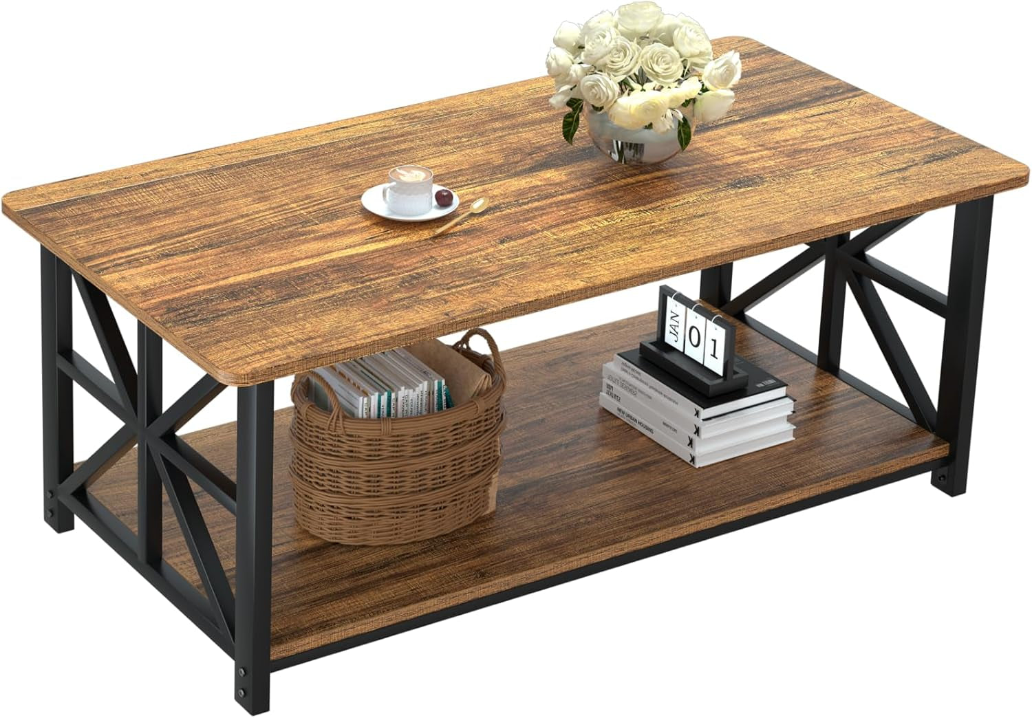 Studio shot of rectangular coffee table on white background with basket on lower shelf and flowers on top.