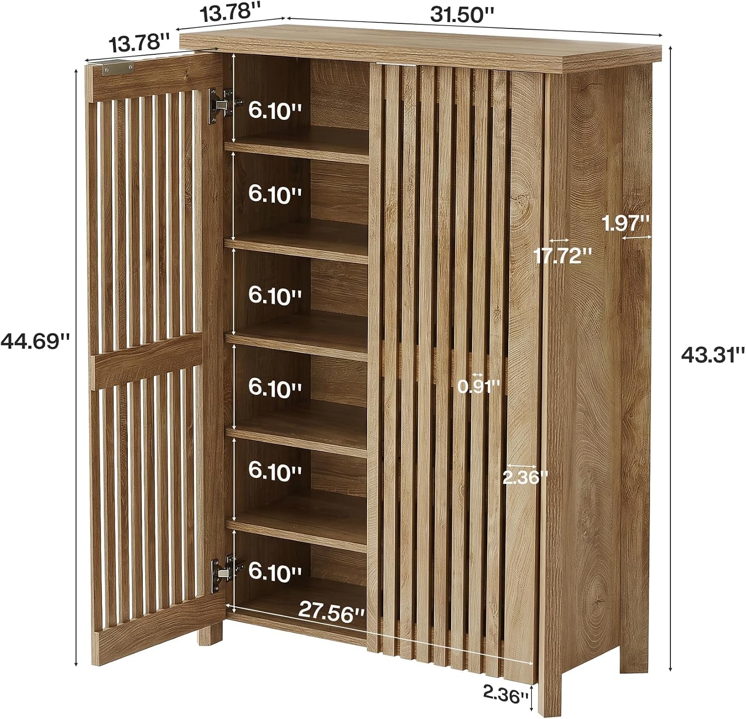 Diagram view of the shoe cabinet with dimensions and labeled interior shelf spacing