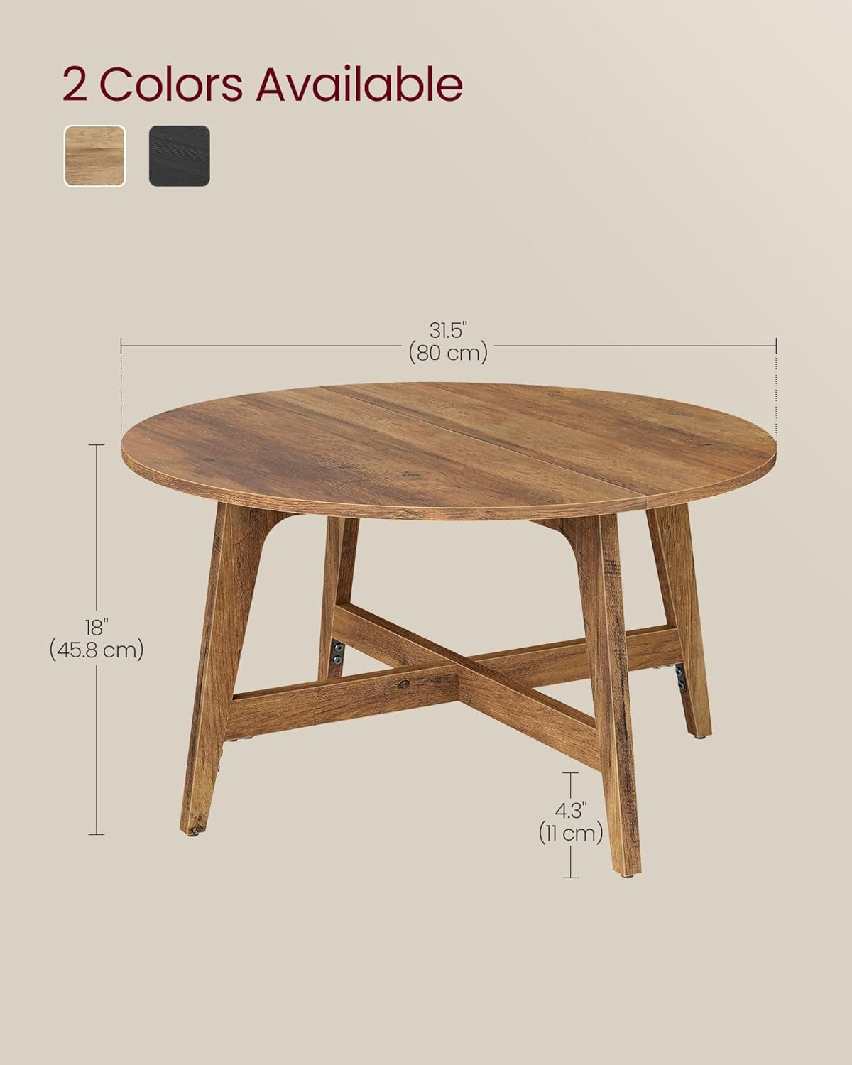 Dimension diagram showing the round table 31.5" diameter by 18" height with two color swatches