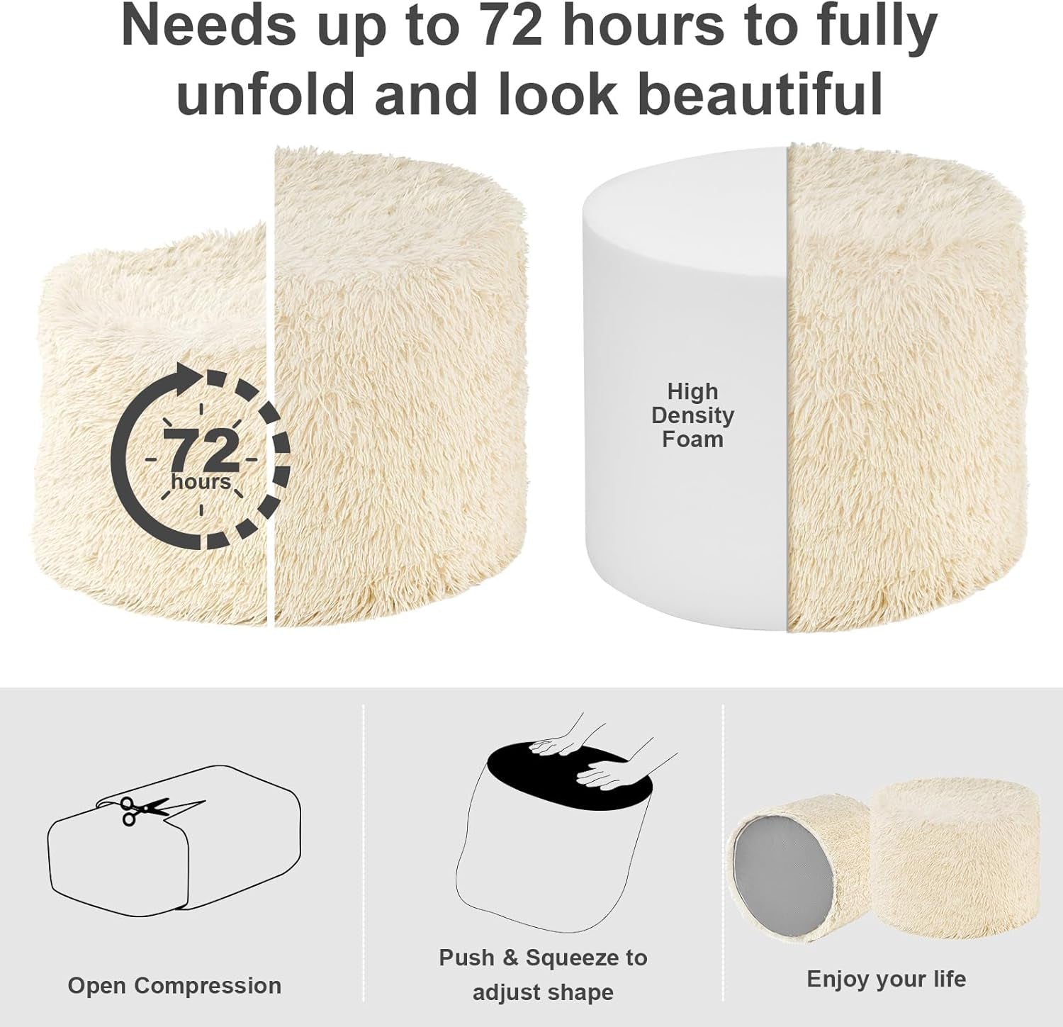 Split image illustrating compressed foam expanding to full shape with beige faux fur cover