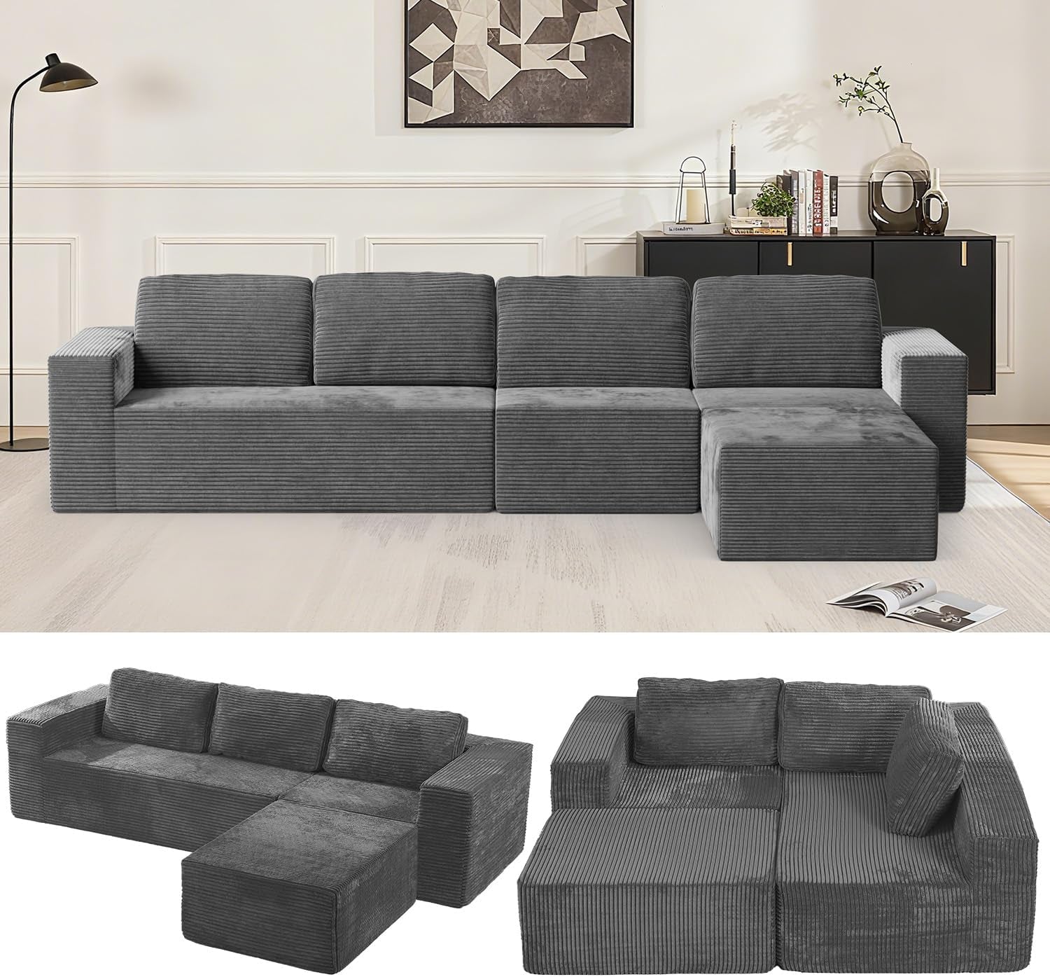 Furnify 136" Cloud Sectional Couch, Left/Right Facing Convertible Sofa with Deep Seat, L-Shape Modular Upholstered Foam Couch for Living Room Bedroom, No Assembly Required (Corduroy Fabric, Beige)