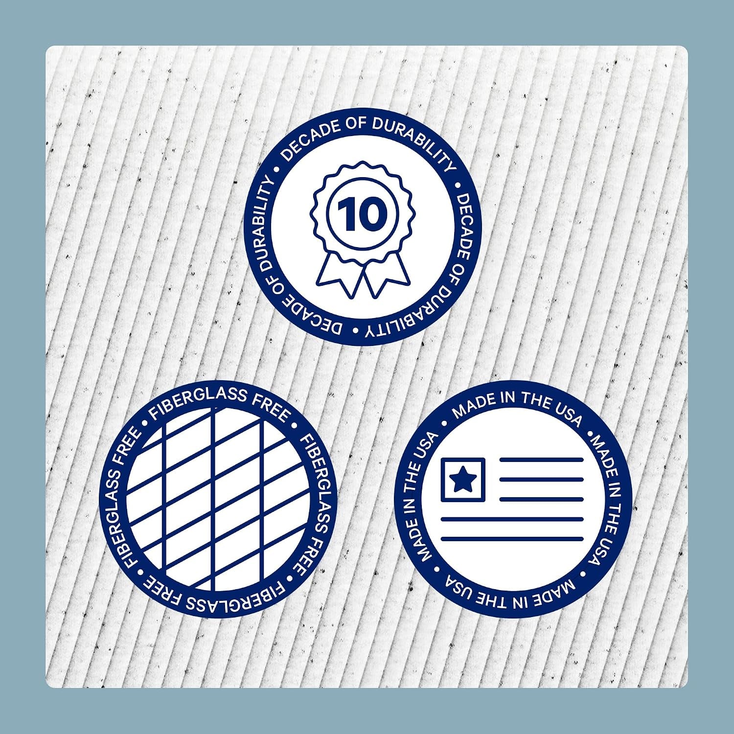 Three round blue icons printed on a textured gray fabric swatch against a blue background.