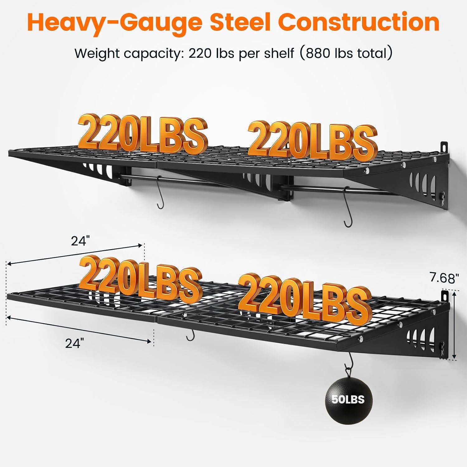 Two black wire-grid shelves mounted on a wall showing 220 lb per shelf capacity and hanging rod with a weight