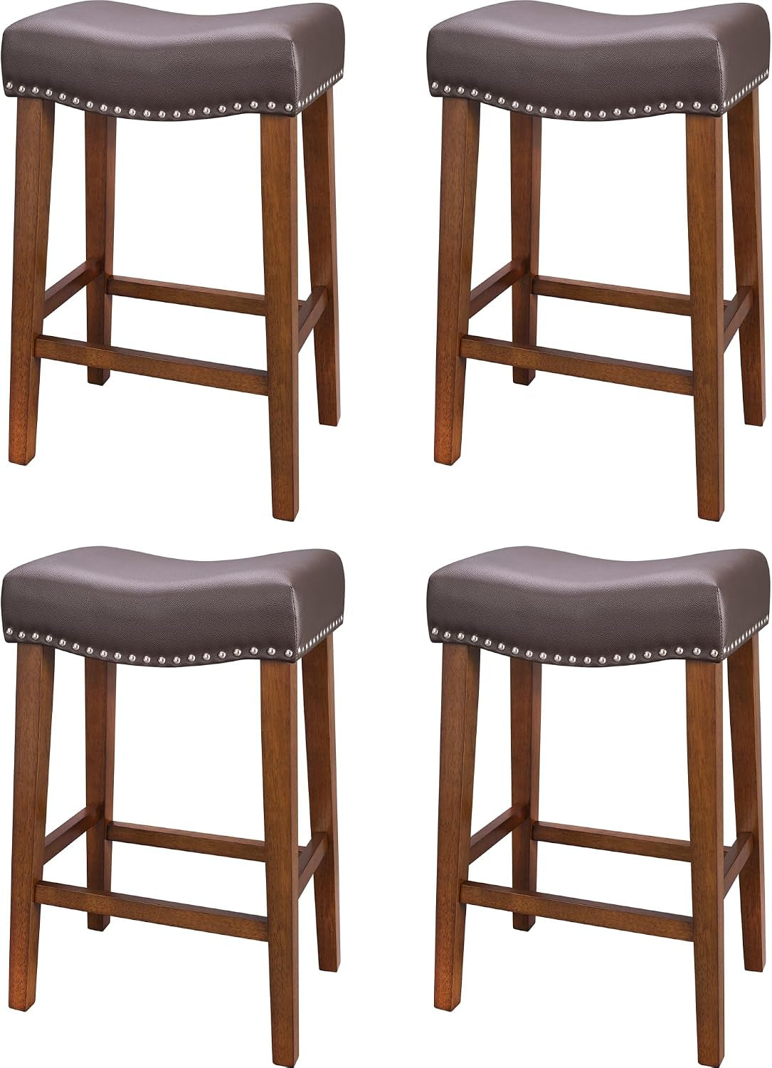 Four backless counter stools with curved dark taupe seats, nailhead trim and wood legs arranged in a grid.