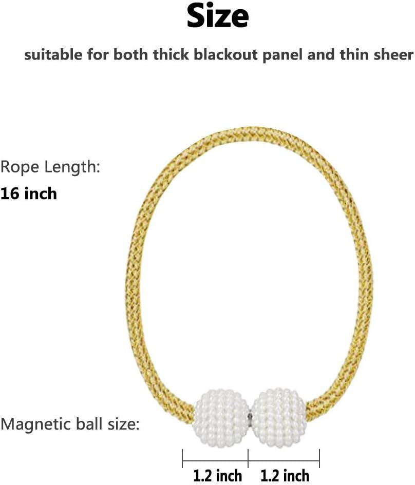 Gold looped magnetic tieback with two white beaded magnetic balls shown on white background with size diagram.