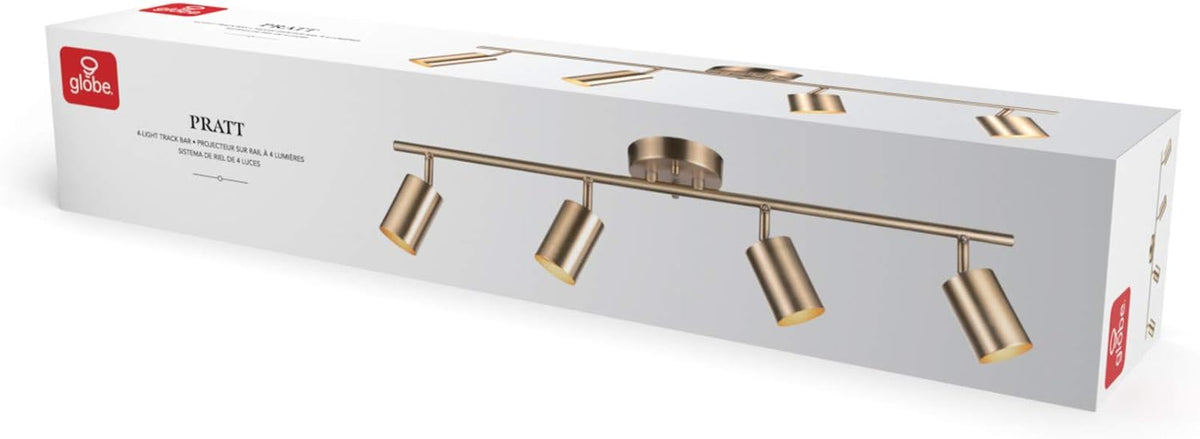 Long product box showing an image of the four-light matte brass track light across the front