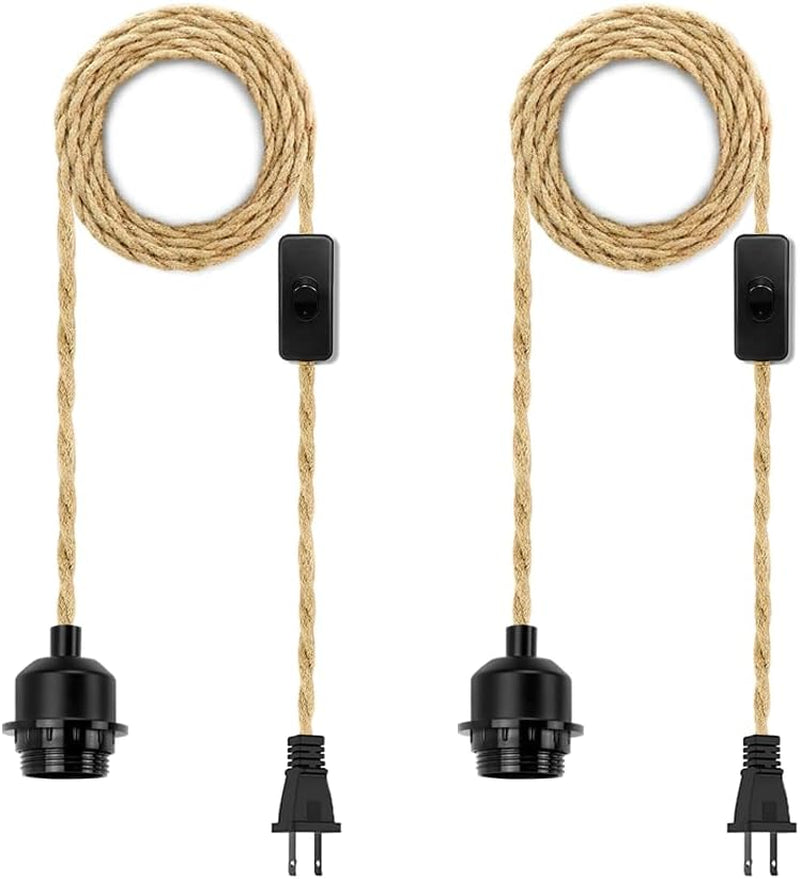 Two coiled natural hemp ropes with inline black switches and black E26-style sockets, shown side by side.