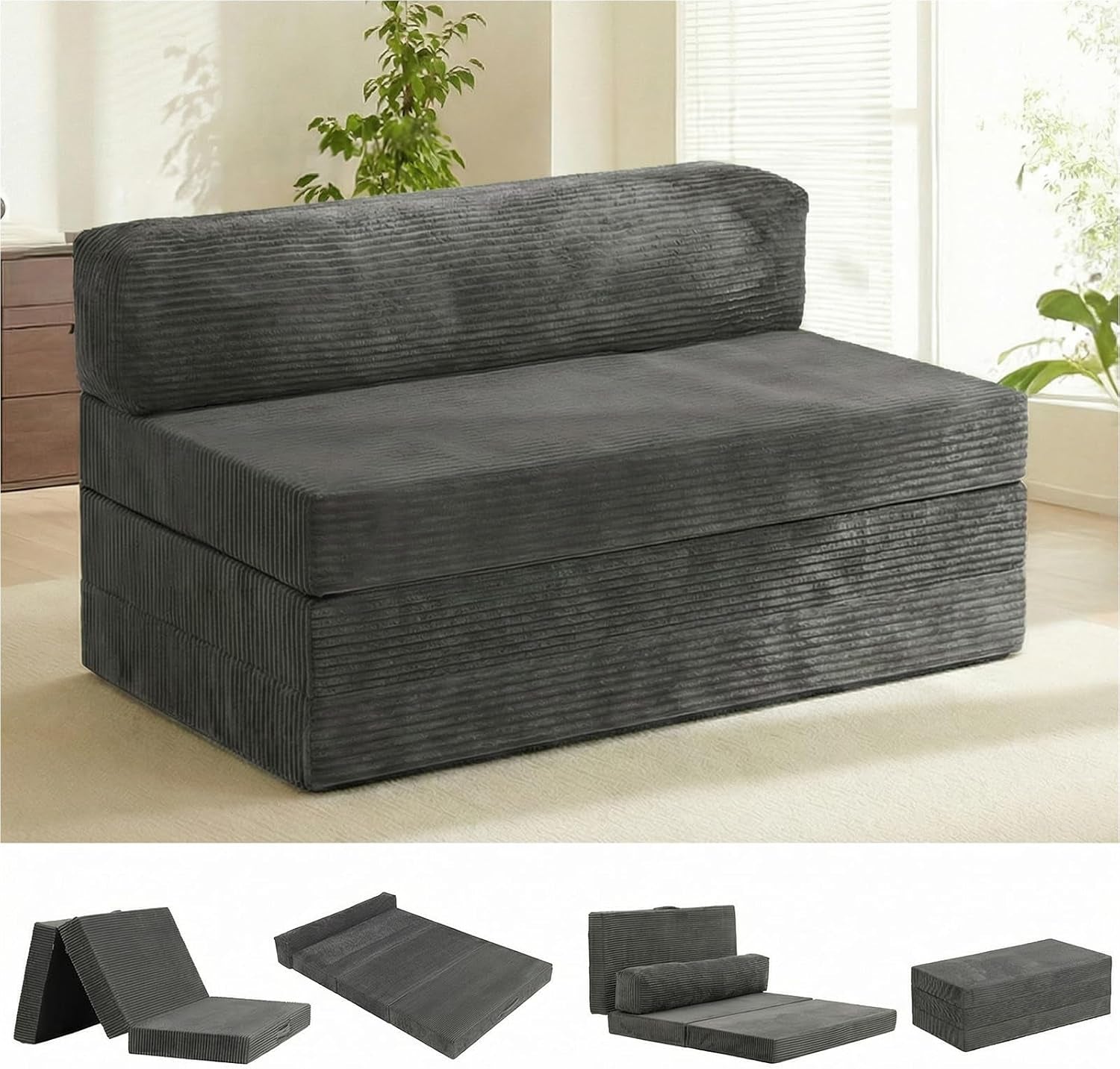 Front view of a grey corduroy foldable futon sofa with a tall back cushion in a sunlit room.
