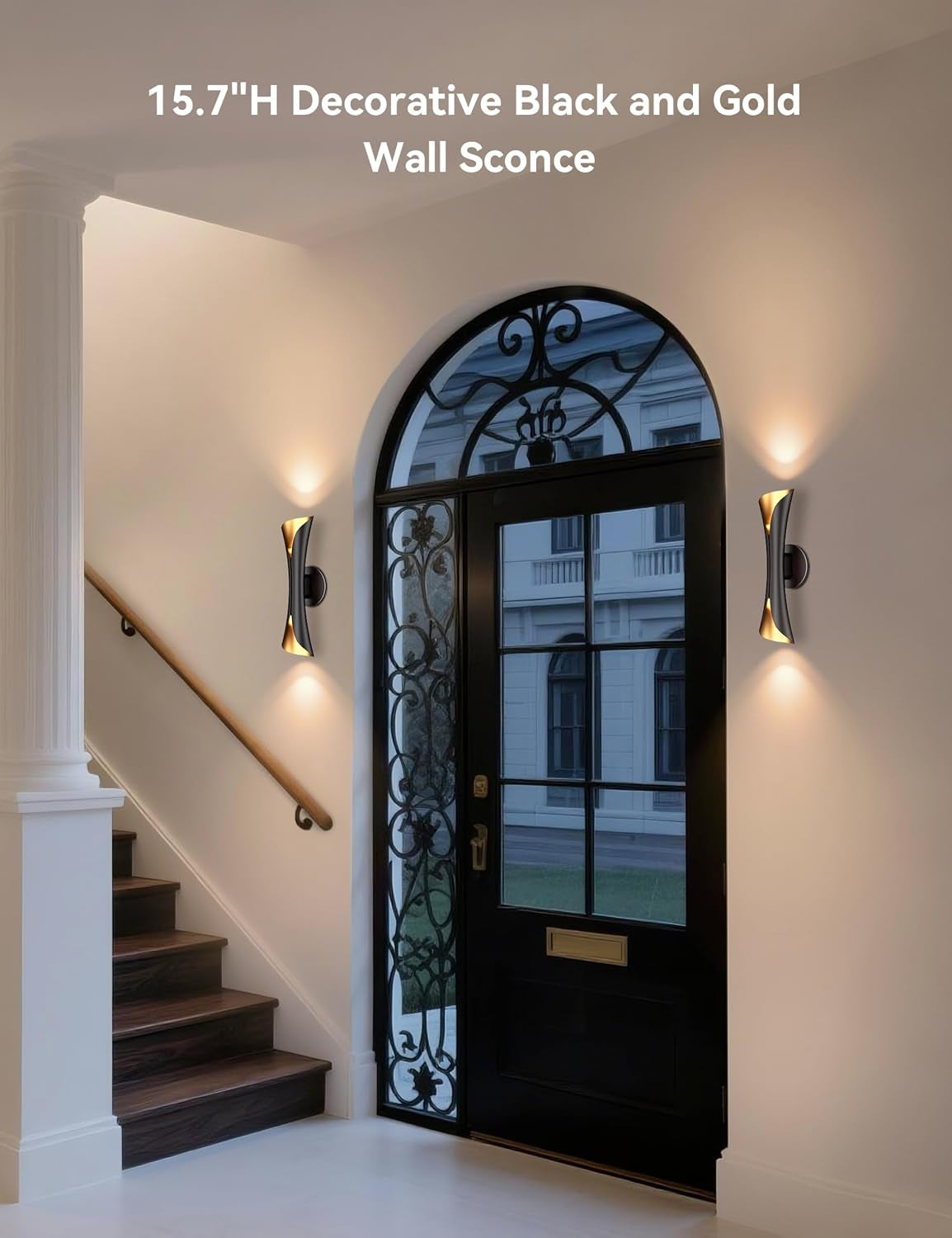 Pair of black-and-gold hourglass sconces mounted on either side of an entry door in a foyer setting.