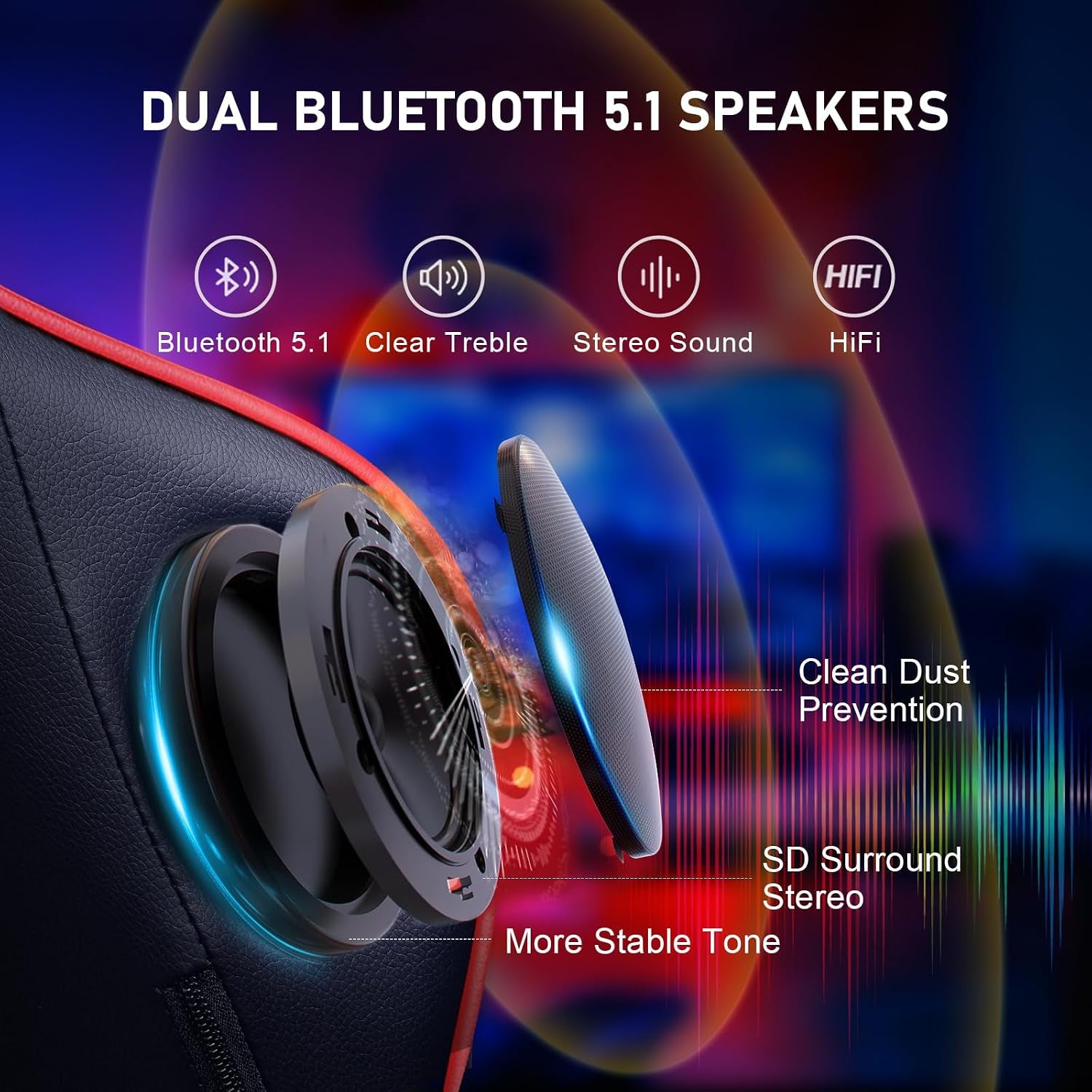 Close-up of a round Bluetooth speaker assembly and grille mounted in the chair back with colorful audio wave graphics.