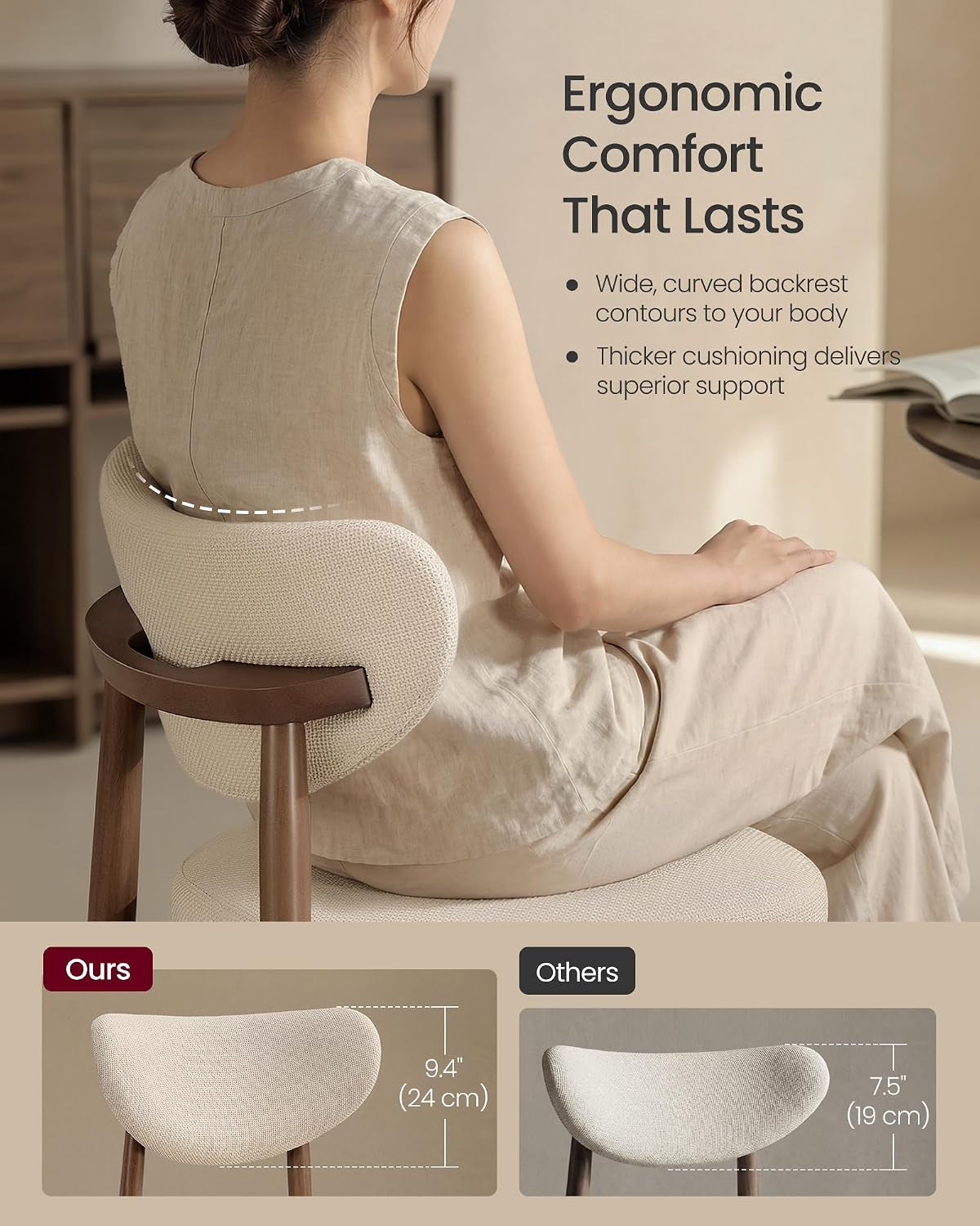 Rear view of person seated on beige counter stool demonstrating curved backrest contour and padded seat.