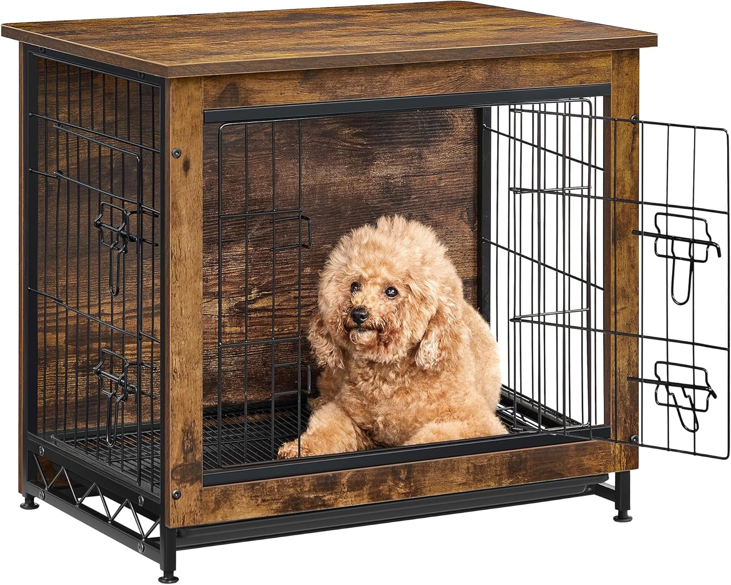 Wood-framed dog crate with open double door and small curly-haired dog inside, dark wood finish.