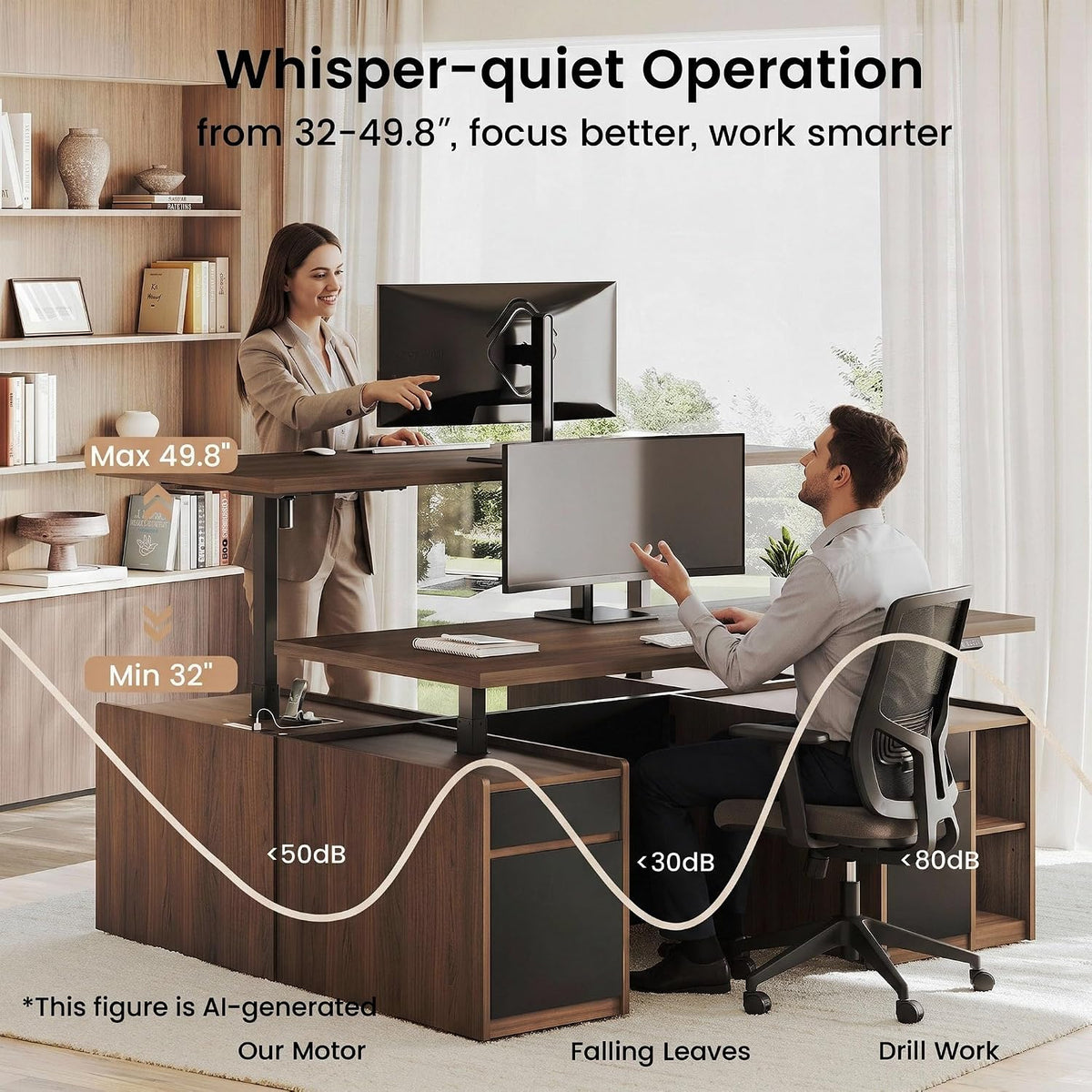 Walnut adjustable desk and narrow bookcase with graphic overlay showing height range and quiet motor performance