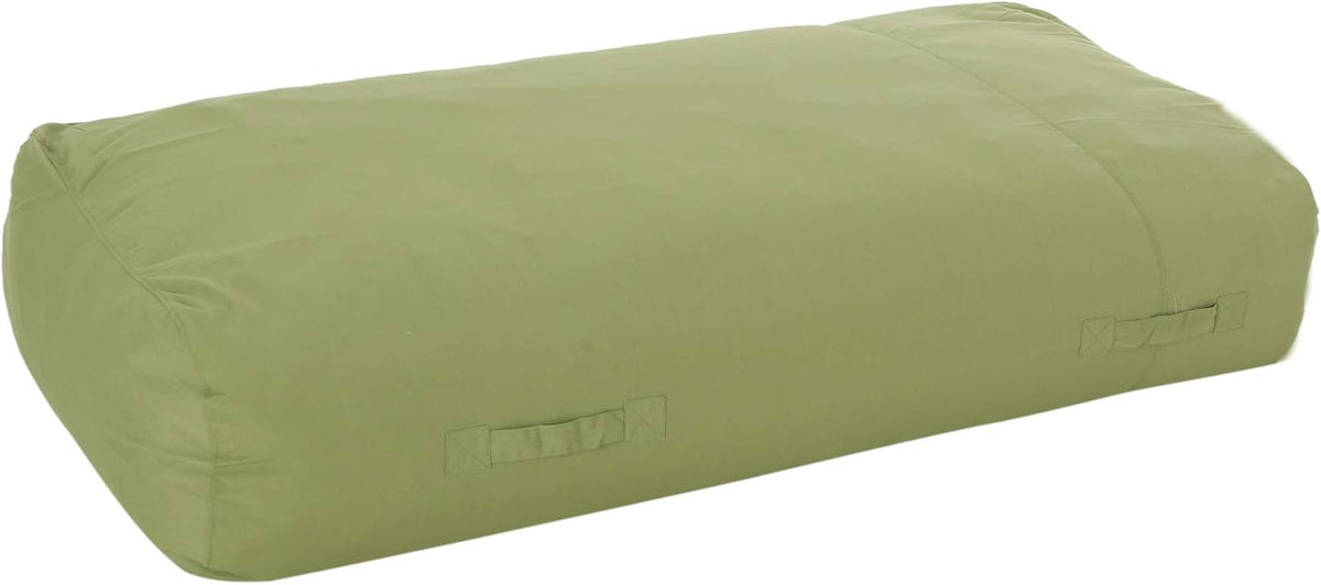 Angled top-side view of an olive-green rectangular lounger showing two side handles and rounded ends.