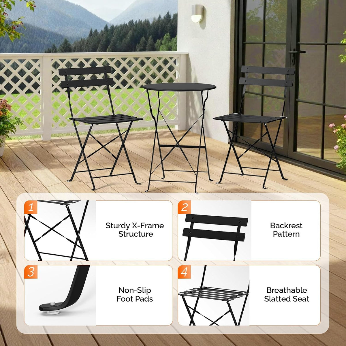 Black table and two chairs set on a wooden deck beside a lattice railing with close-up feature panels below.