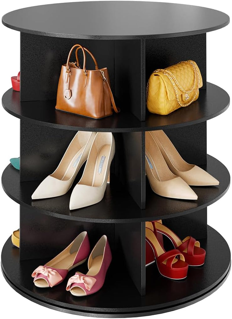 Close-up of the middle tiers on the black tower with handbags and pairs of heels visible