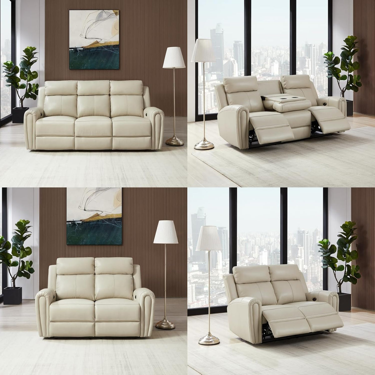 Collage of the sofa set showing center drop-down table, reclined positions, and two-seat loveseat in the same room