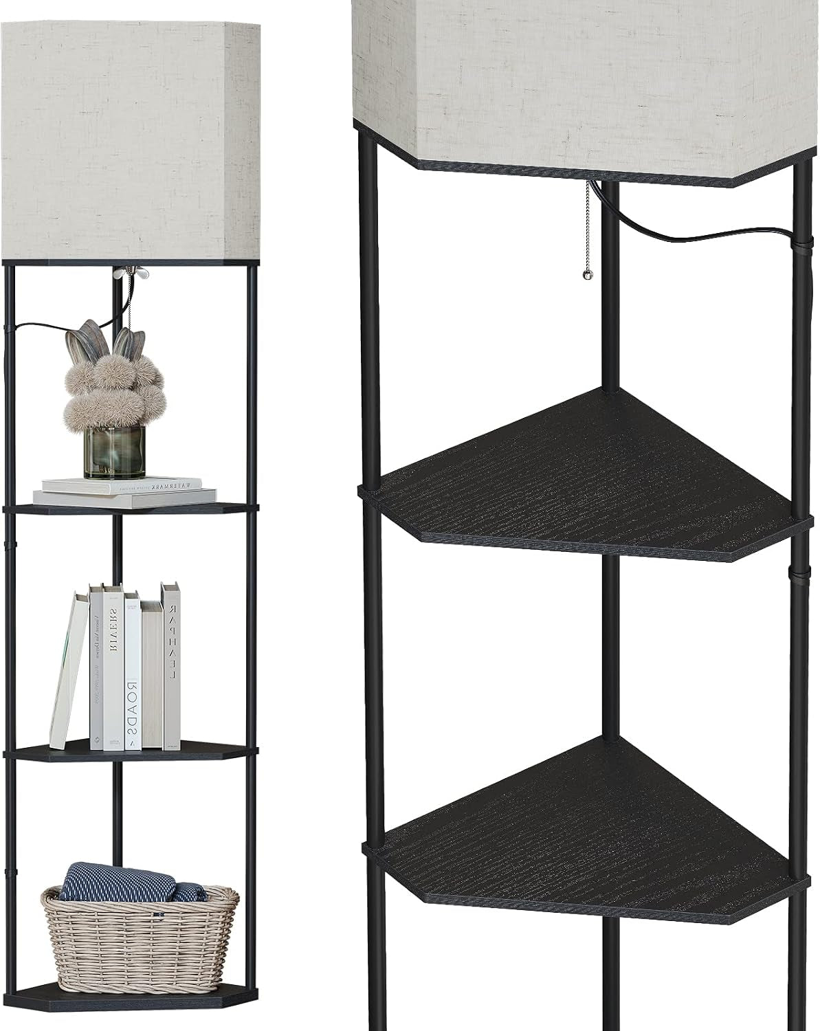 Close side view of the lamp's black metal frame and three triangular corner shelves with decor