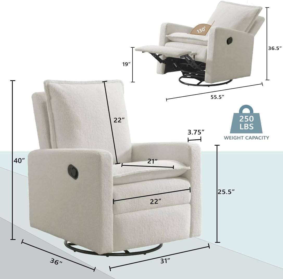 Front and side images of the recliner with measurement lines and a small reclined inset.