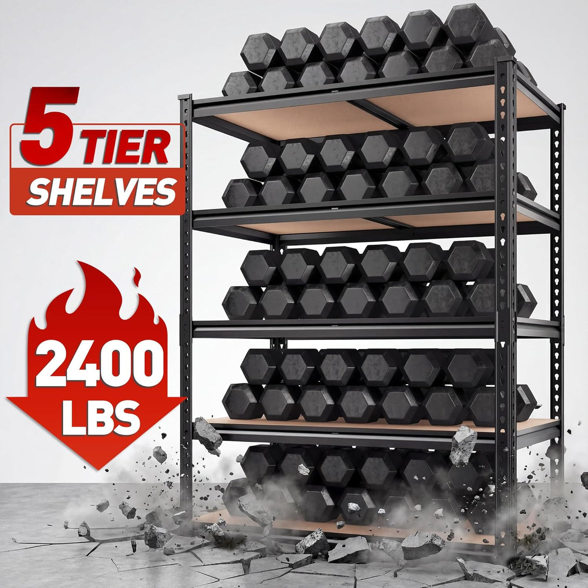 Black five-tier shelving unit holding rows of dumbbells