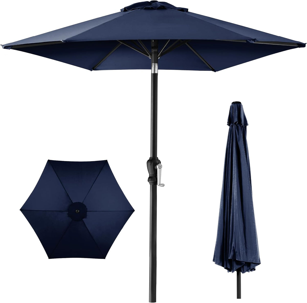 Front view of a navy blue 10 ft market umbrella open, showing canopy, ribs, pole, crank and a closed umbrella.