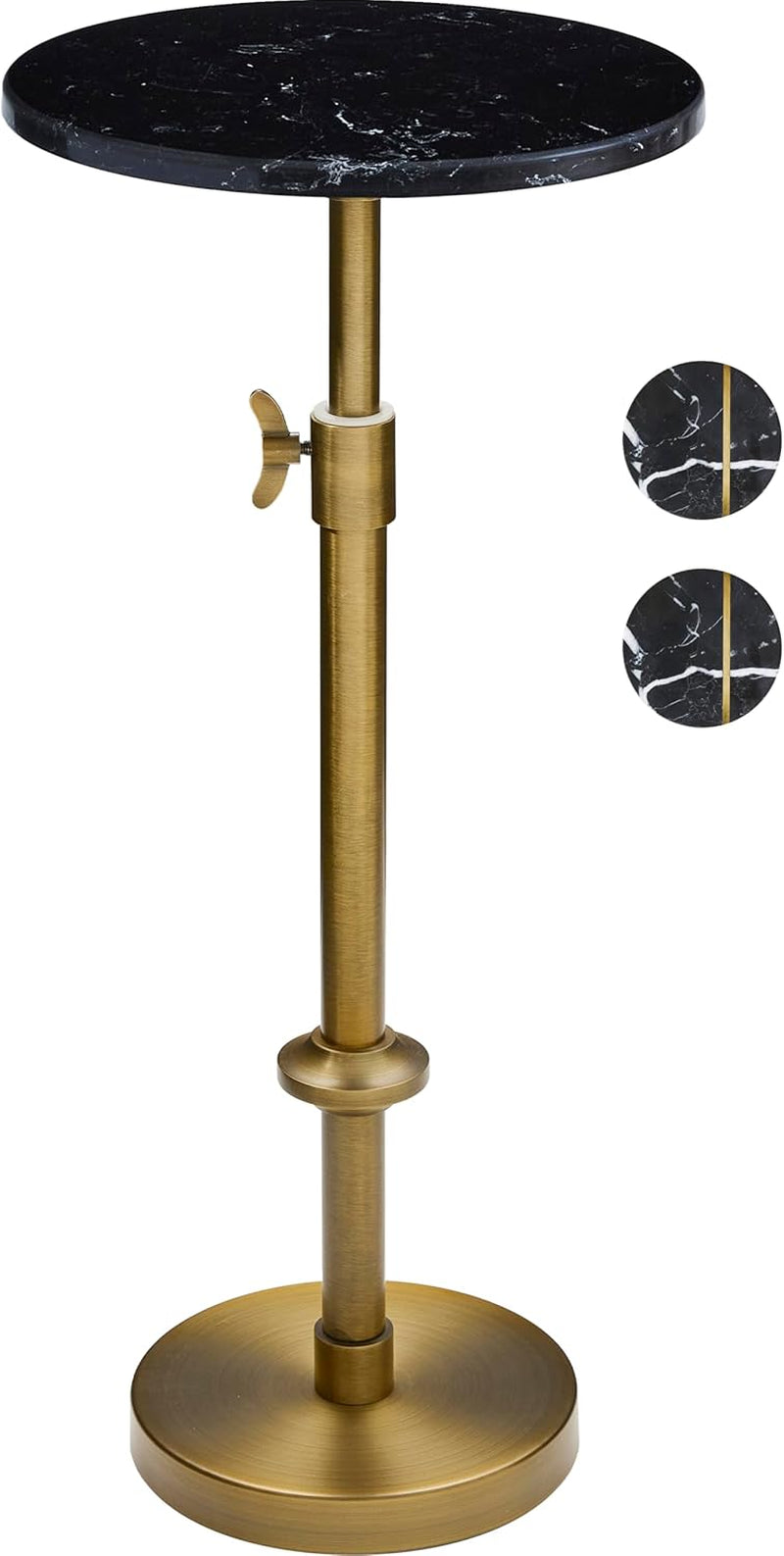 Angled studio close-up of black marble round top on antique brass adjustable pedestal, showing brass base detail.