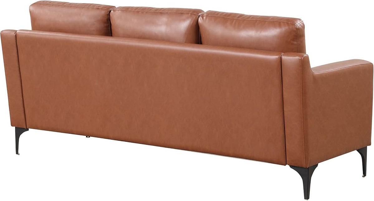 Rear three-quarter view of brown faux-leather sofa showing back panel and tapered legs on white background