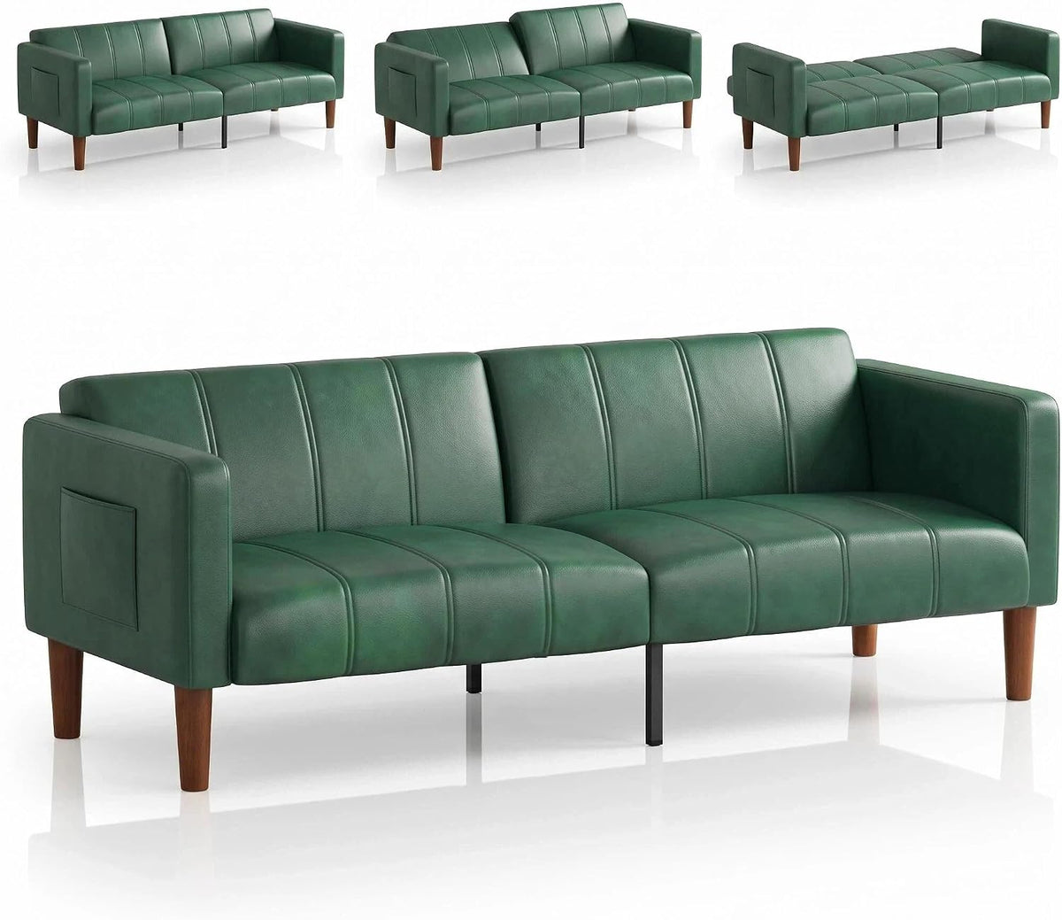 Green faux-leather sofa shown upright and folded flat with three small configuration thumbnails above.