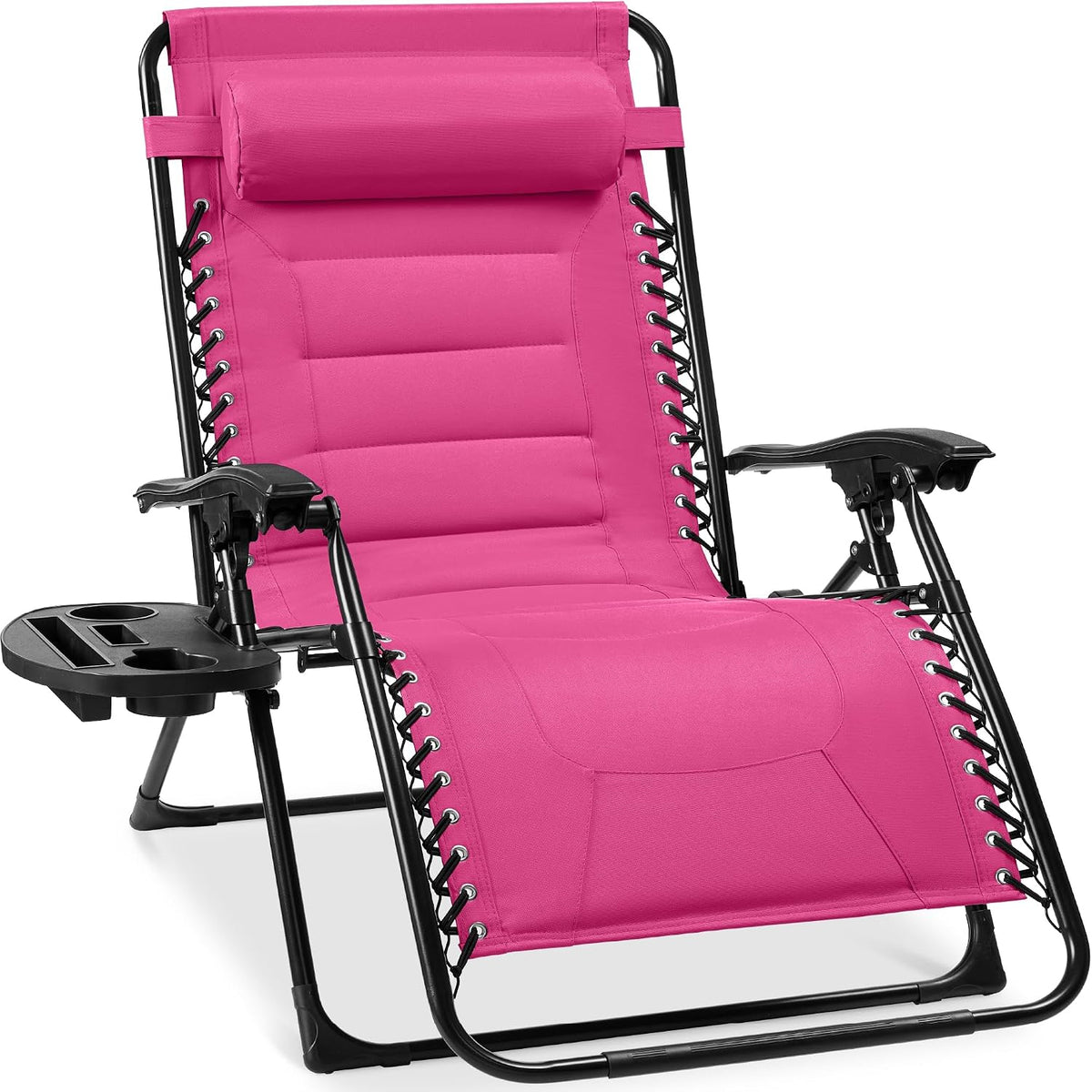 Bright pink padded zero-gravity recliner with removable head pillow and cup-tray on left
