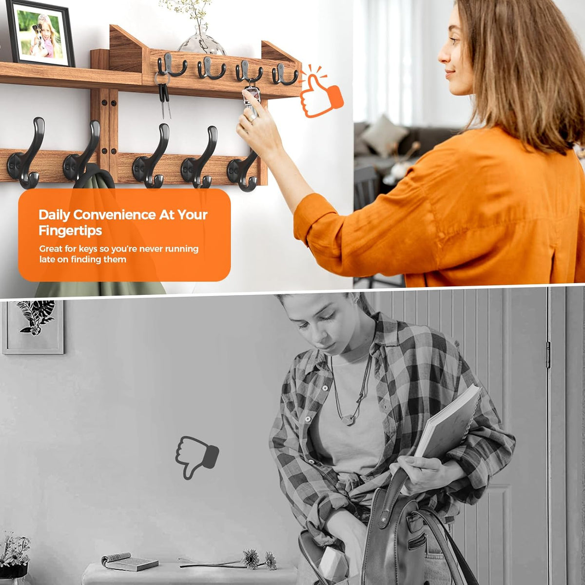 Woman reaching to hang keys on the top row of small hooks above the larger coat hooks.