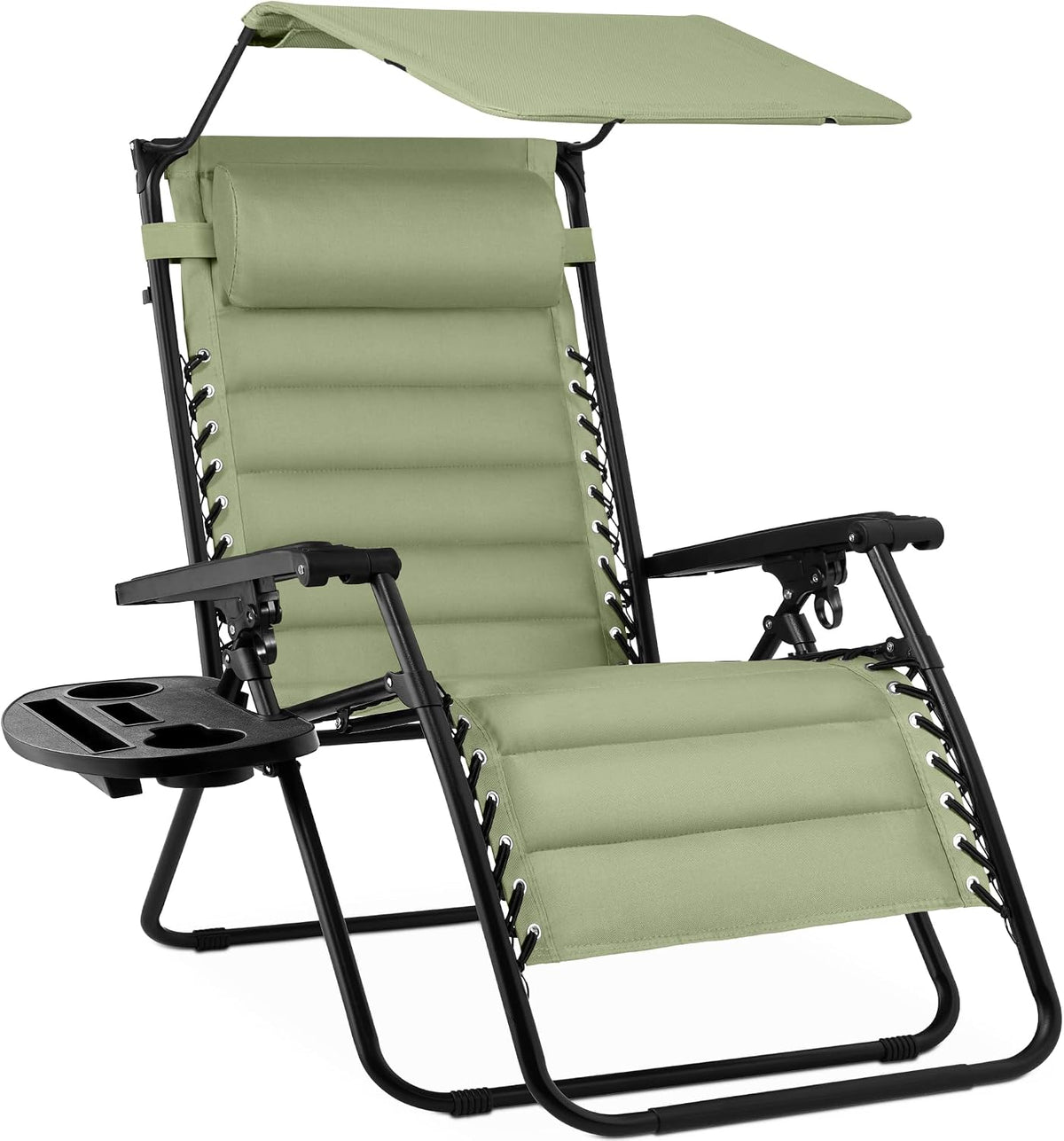 Light olive-green recliner shown angled, highlighting canopy, padded head pillow and detachable side tray
